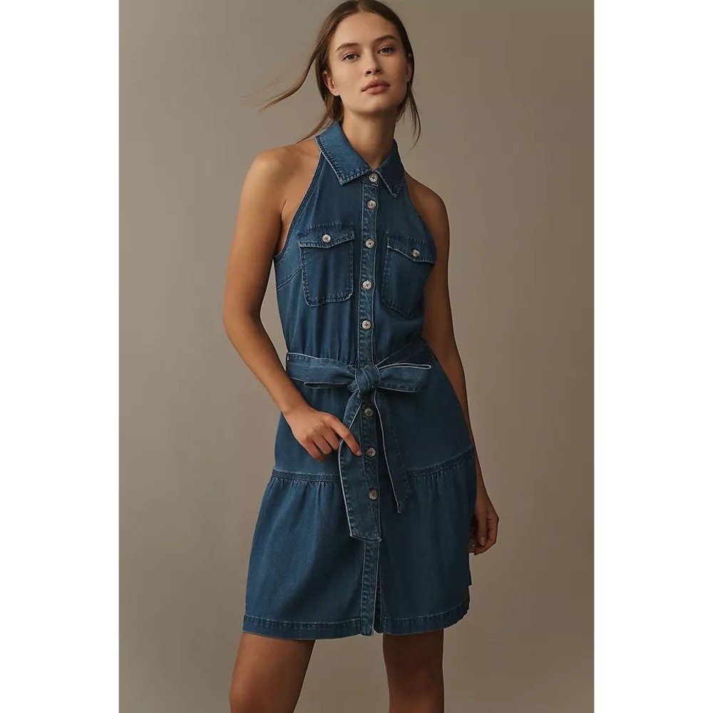 Anthropologie Sam Edelman Diana Sleeveless Denim Dress Blue XL Tiered Halter